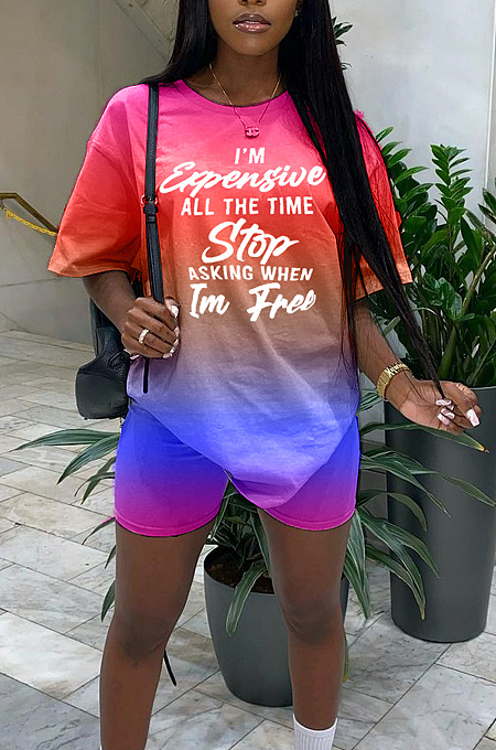 Casual Gradient Letter Print Short Sleeve Shorts Two-Piece HYM1688