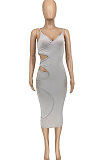 Pure Color Gallus Sexy Hollow Out Long Dress GLS8148
