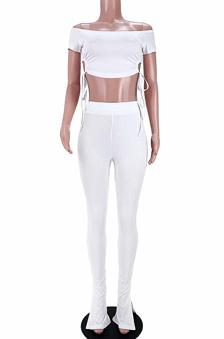 Shirred Detail A Word Shoulder Open Fork Small Flare Leg Pants Sets GL6375