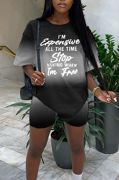 Casual Gradient Letter Print Short Sleeve Shorts Two-Piece HYM1688