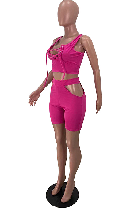 Euramerican Women Pure Color Eyelet Bind Hollow Out Two-Piece ARM8258