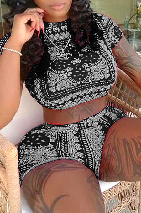 Fashion Casual Short Sleeve Print Sport Two-Piece W8378