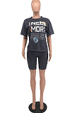 Euramerican Women Letter Print Short Sleeve Shorts Two-Pece HYM8061