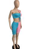 Summer Contrast Color Spliced Midriff Shorts Two-Piece JG022