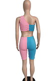Summer Contrast Color Spliced Midriff Shorts Two-Piece JG022