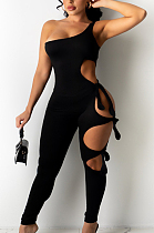Sexy Women Pure Color One Shoulder Hole Bind Jumpsuits JH235 