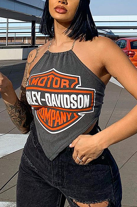 Grey Letter Printed Casual Halter Vest MLD5030