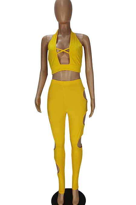 Pure Color Cross Sexy Hollow Out Halter Neck Vest Hole Hole Pants Two-Pieces QMQ7035