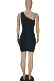 Trendy One Shoulder Gallus Pure Color Hollow Out Sexy Mini Dress QMQ7036