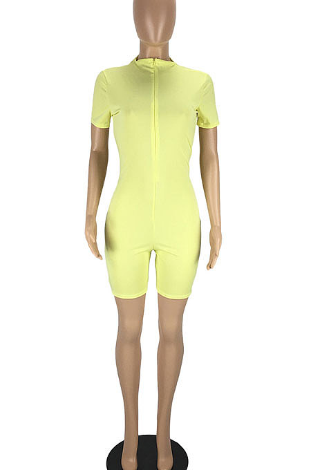 Euramerican Women Short Sleeve Zipper Pure Color Romper Shotrts LL6324