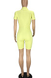 Euramerican Women Short Sleeve Zipper Pure Color Romper Shotrts LL6324