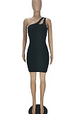 Trendy One Shoulder Gallus Pure Color Hollow Out Sexy Mini Dress QMQ7036