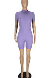 Euramerican Women Short Sleeve Zipper Pure Color Romper Shotrts LL6324