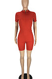 Euramerican Women Short Sleeve Zipper Pure Color Romper Shotrts LL6324