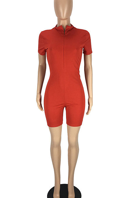 Euramerican Women Short Sleeve Zipper Pure Color Romper Shotrts LL6324