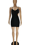 Irregular Hole Deep V Pure Color Ruffle Gallus Mini Dress QMQ7039