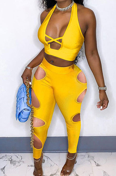 Pure Color Cross Sexy Hollow Out Halter Neck Vest Hole Hole Pants Two-Pieces QMQ7035