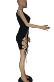 Fashion Sexy Pure Color Hollow Out Bind Mini Dress QMQ7032