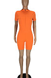 Euramerican Women Short Sleeve Zipper Pure Color Romper Shotrts LL6324
