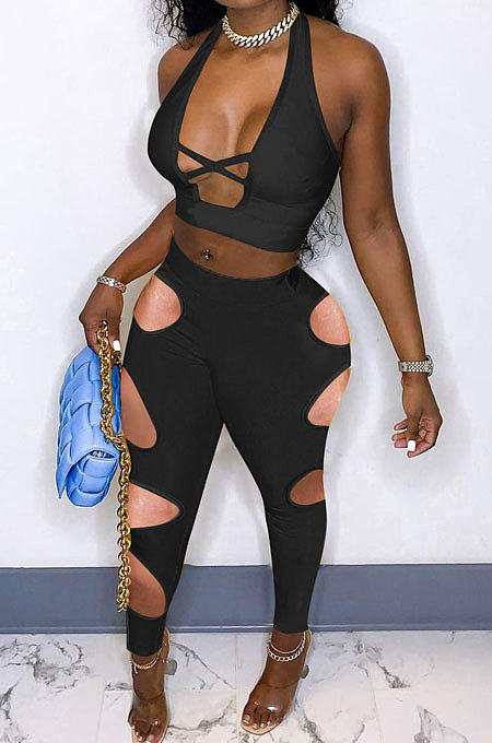 Pure Color Cross Sexy Hollow Out Halter Neck Vest Hole Hole Pants Two-Pieces QMQ7035