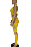 Pure Color Cross Sexy Hollow Out Halter Neck Vest Hole Hole Pants Two-Pieces QMQ7035