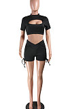Trendy Casual Sport Drawsting Ruffle Shorts Sets AYA7006