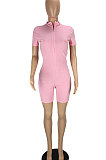 Euramerican Women Short Sleeve Zipper Pure Color Romper Shotrts LL6324