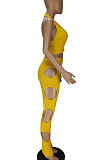 Pure Color Cross Sexy Hollow Out Halter Neck Vest Hole Hole Pants Two-Pieces QMQ7035