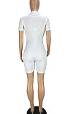 Euramerican Women Short Sleeve Zipper Pure Color Romper Shotrts LL6324