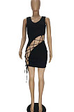Fashion Sexy Pure Color Hollow Out Bind Mini Dress QMQ7032