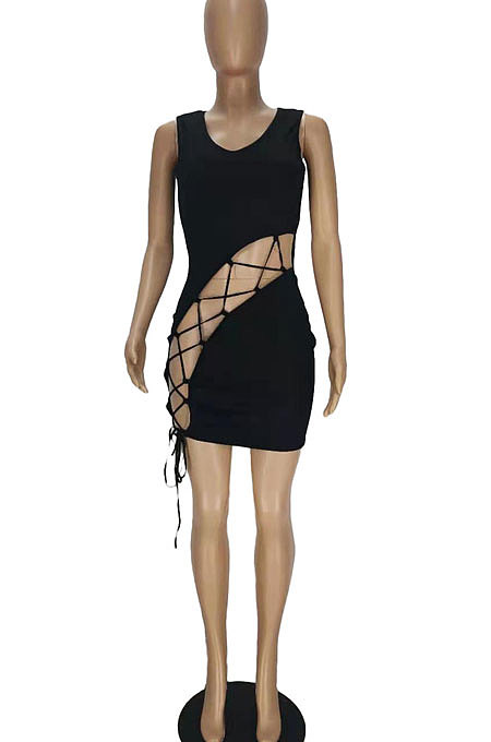 Fashion Sexy Pure Color Hollow Out Bind Mini Dress QMQ7032