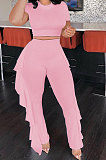 Pure Color Short Sleeve Top Ruffle Pants Pit Bar Two-Pieces KXL831