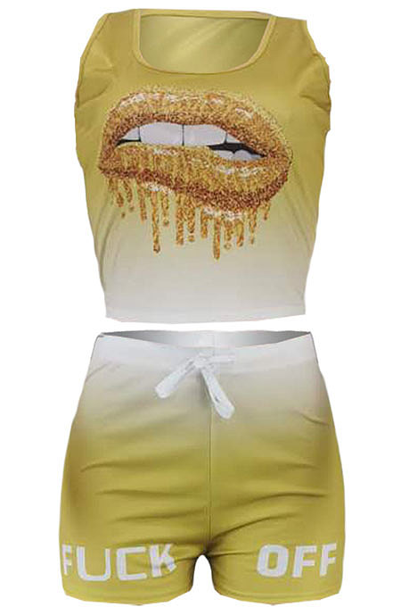 Sleeveless Gradual Change Personality Mouth Graphic Sport Shorts Sets AYM5006