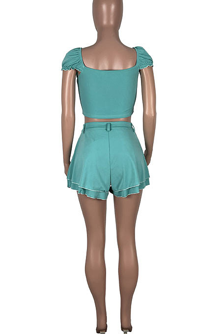 Pure Color Top Zipper Agaric Edge Pantskirt Two-Pieces KXL824