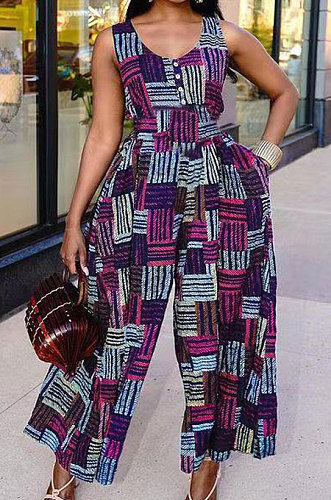 Euramerican Fashion Women Printing Button Casual Jumpsuit AYM5014