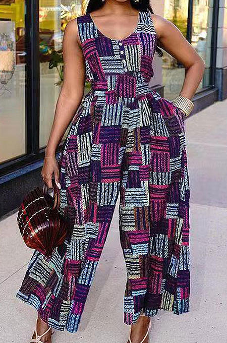Euramerican Fashion Women Printing Button Casual Jumpsuit AYM5014