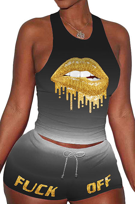 Sleeveless Gradual Change Personality Mouth Graphic Sport Shorts Sets AYM5006