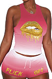 Sleeveless Gradual Change Personality Mouth Graphic Sport Shorts Sets AYM5006