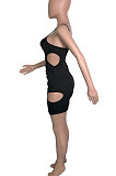 Irregularity Hole Pure Color Deep V Ruffle Gallus Mini Dress QQX1205
