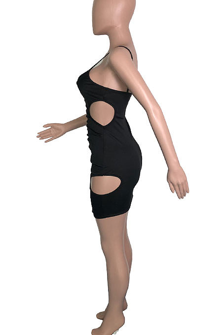 Irregularity Hole Pure Color Deep V Ruffle Gallus Mini Dress QQX1205