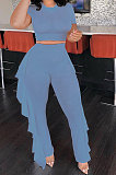 Pure Color Short Sleeve Top Ruffle Pants Pit Bar Two-Pieces KXL831