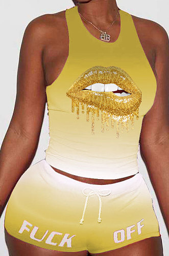 Sleeveless Gradual Change Personality Mouth Graphic Sport Shorts Sets AYM5006