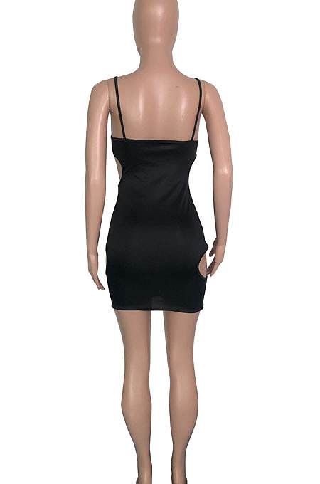 Irregularity Hole Pure Color Deep V Ruffle Gallus Mini Dress QQX1205
