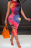 Euramerican Women Sexy Hollow Out Tie Dye Midi Dress AYM5011