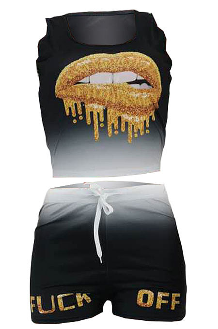 Sleeveless Gradual Change Personality Mouth Graphic Sport Shorts Sets AYM5006