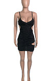 Irregularity Hole Pure Color Deep V Ruffle Gallus Mini Dress QQX1205