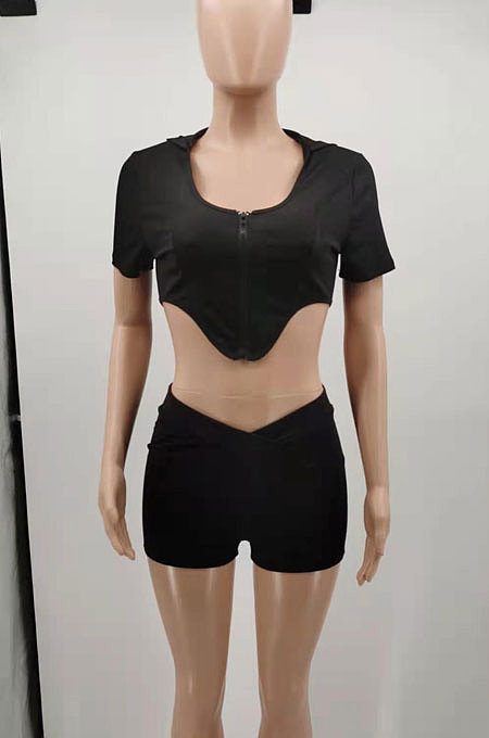 Casual Pure Color Hoodies Jacket Shorts Sets QQX1210