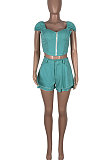 Pure Color Top Zipper Agaric Edge Pantskirt Two-Pieces KXL824