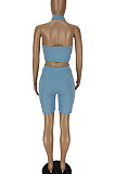 Hollow Out Pure Color Halter Neck Vest Shorts Sets QMQ7043