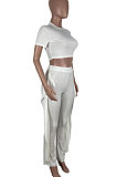 Pure Color Short Sleeve Top Ruffle Pants Pit Bar Two-Pieces KXL831